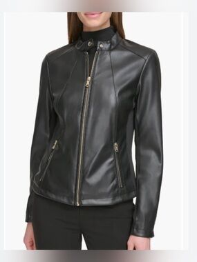 Calvin Klein Black Faux Leather Jacket with Leopard Lining NWT